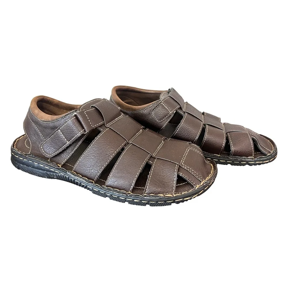 Cherokee Mens Dark Brown Faux Leather Fisherman Sandals Size 11 Hook and Loop